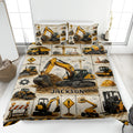 Excavator quilt blanket displayed on a bed with construction vehicles and custom-style artwork