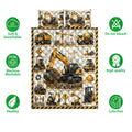 Construction equipment quilt blanket with excavators, dump trucks, cranes, and safety signs