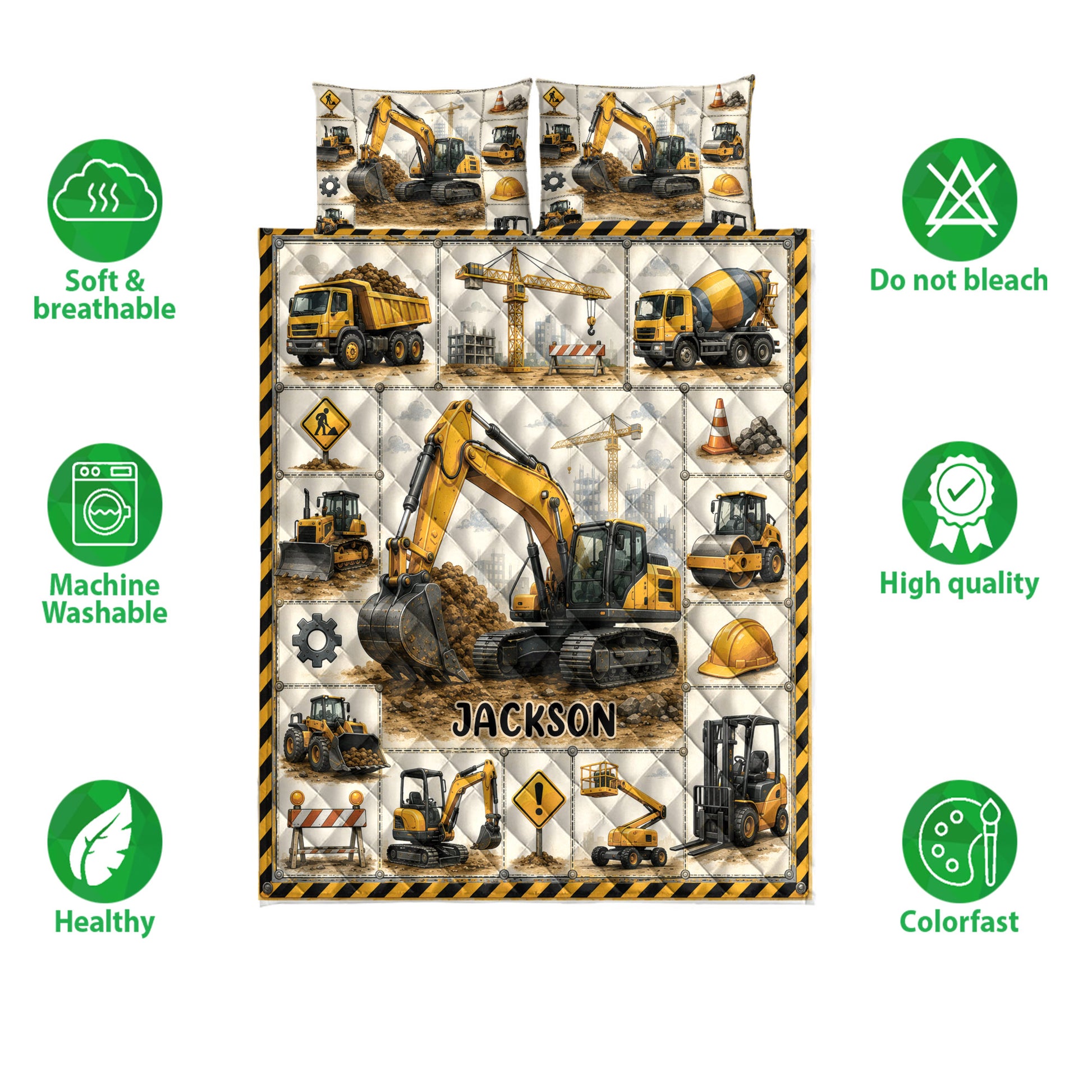 Construction equipment quilt blanket with excavators, dump trucks, cranes, and safety signs