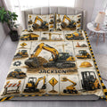 Excavator quilt blanket styled in a bedroom with yellow construction vehicle artwork