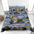 Excavator quilt blanket bedding set displayed on a bed with construction vehicles in a snowy mountain scene