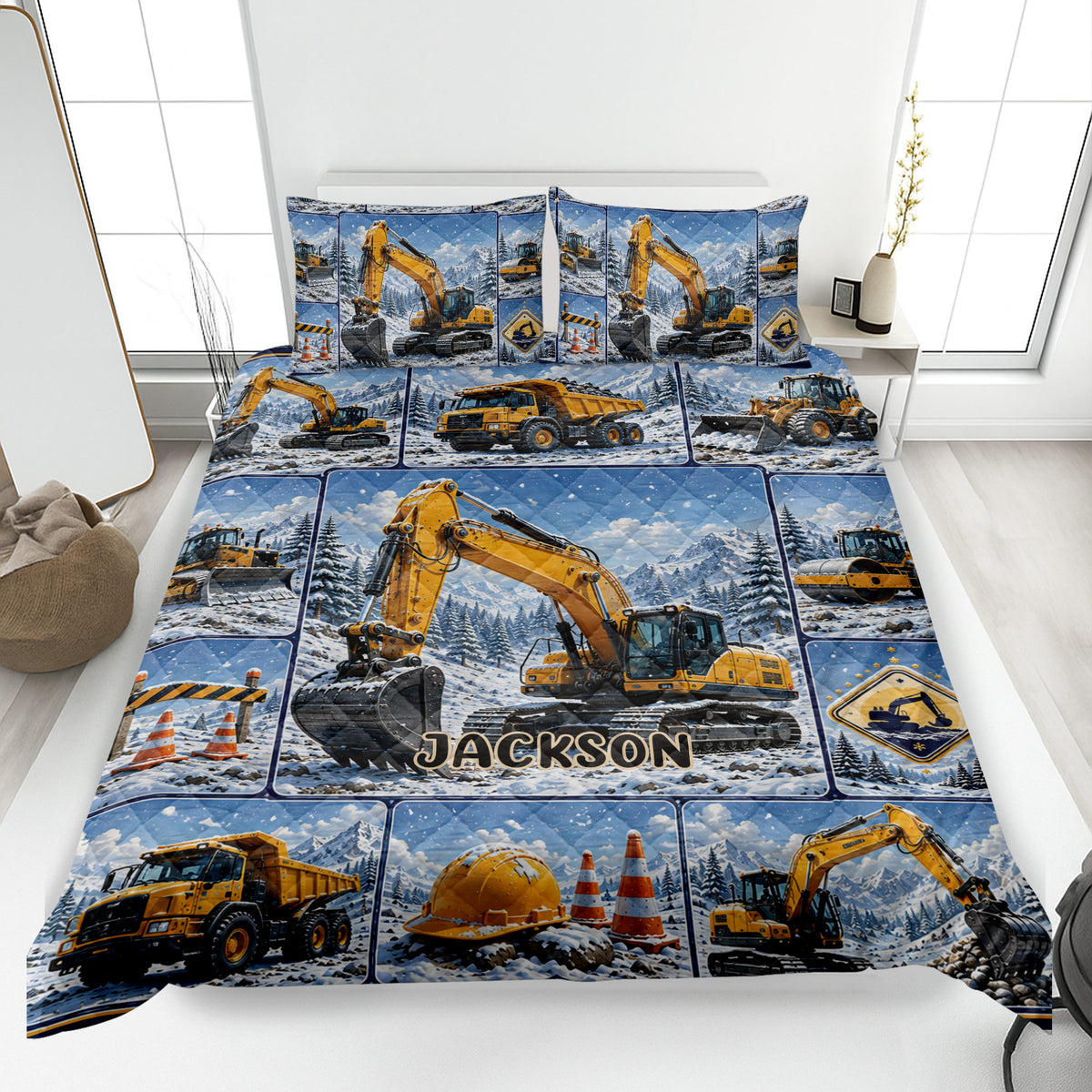 Excavator quilt blanket bedding set displayed on a bed with construction vehicles in a snowy mountain scene