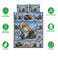 Excavator quilt bedding set shown with construction vehicle artwork and product feature icons