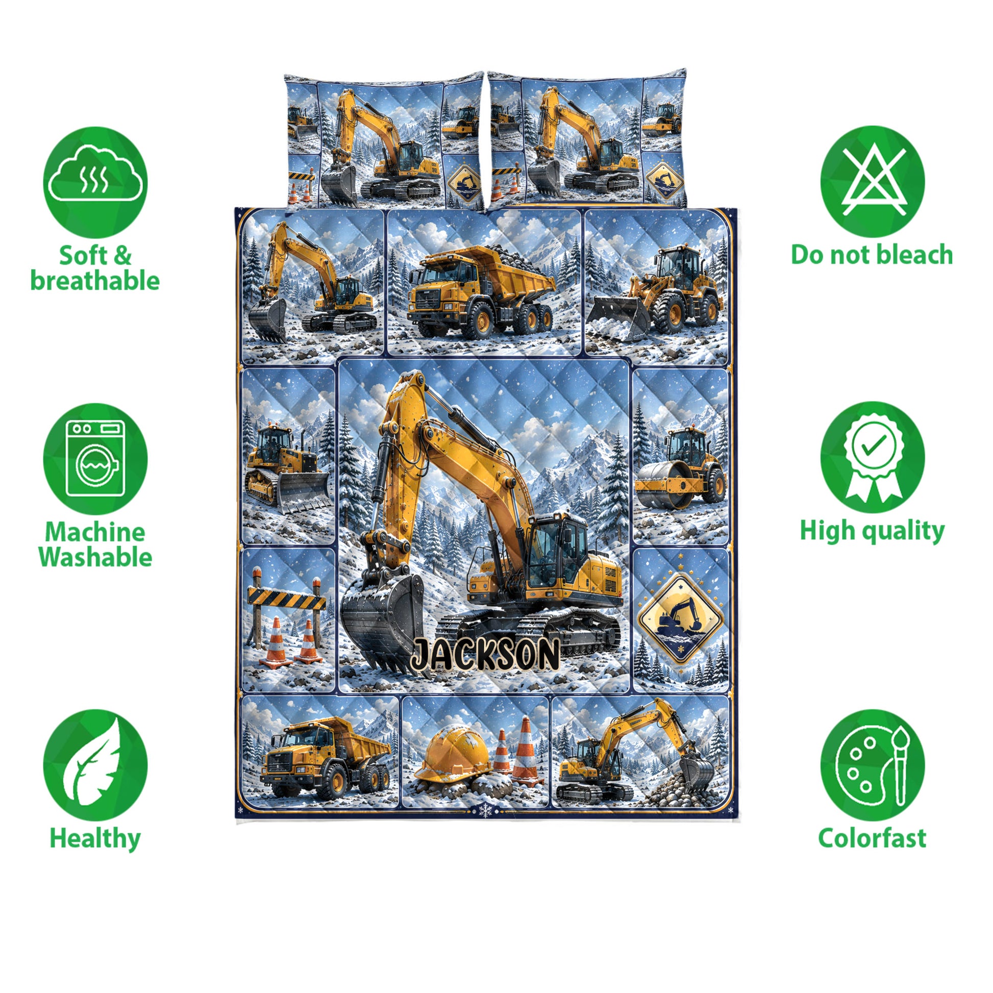 Excavator quilt bedding set shown with construction vehicle artwork and product feature icons