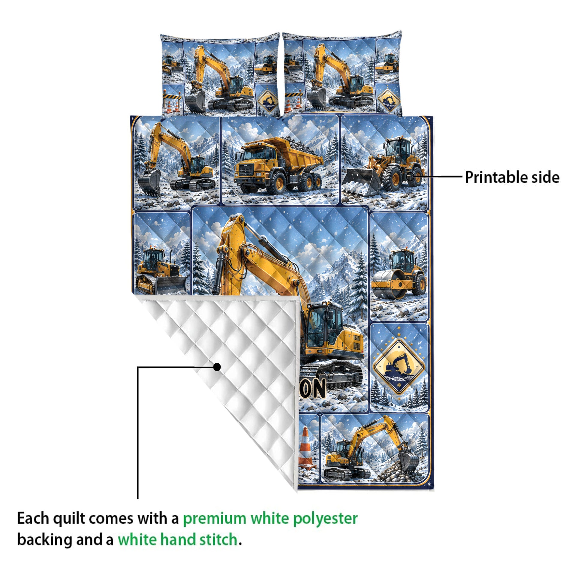 Excavator quilt blanket detail showing the printed construction scene and white quilted backing
