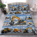 Excavator quilt bedding set styled in a bedroom with yellow construction vehicles and snowy mountain artwork