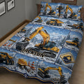 Close view of an excavator quilt blanket featuring heavy equipment, traffic cones, mountains, and winter scenery
