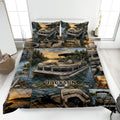 Pontoon boat quilt blanket displayed on a bed with lake sunset scenes, fishing gear, anchors, and outdoor boating artwork