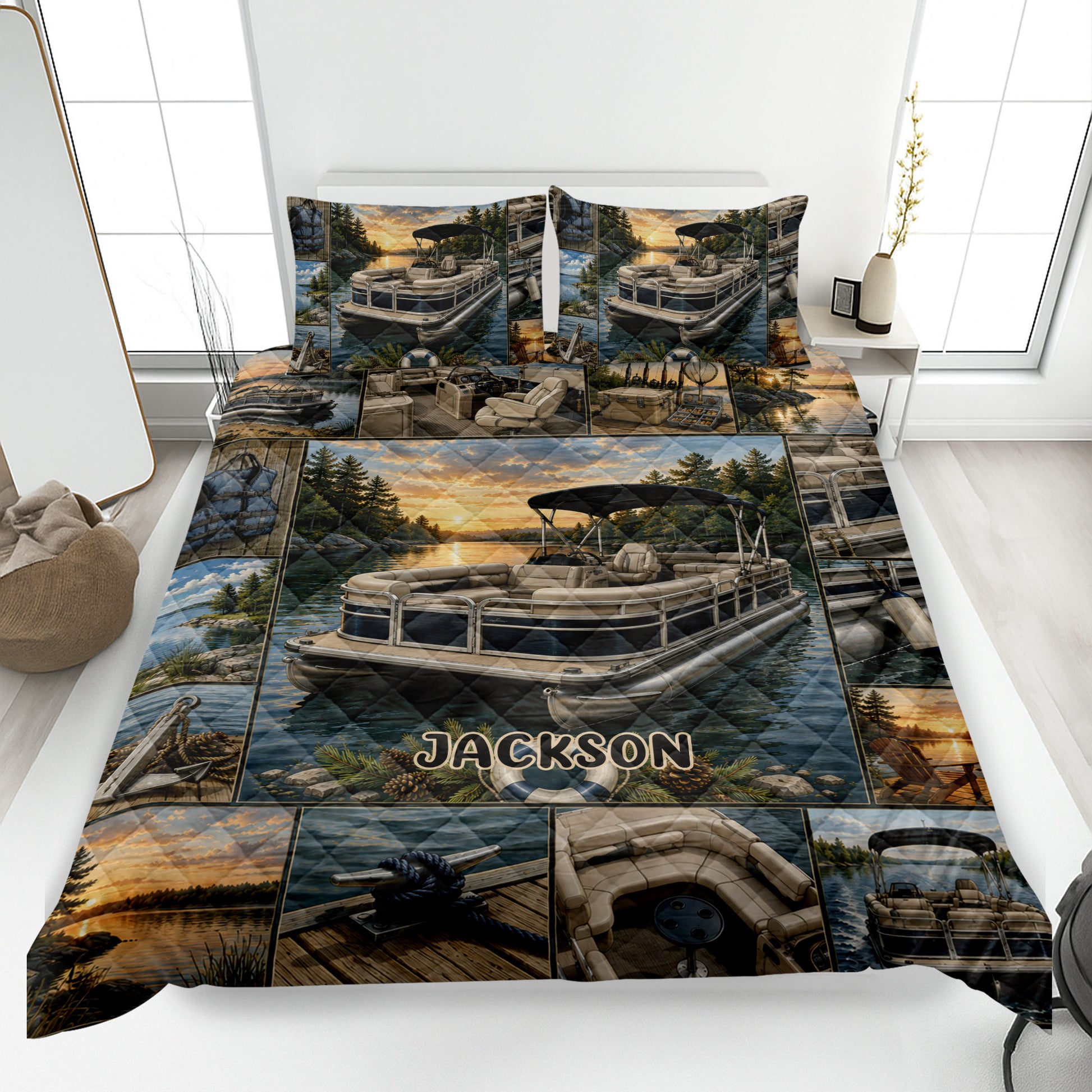 Pontoon boat quilt blanket displayed on a bed with lake sunset scenes, fishing gear, anchors, and outdoor boating artwork