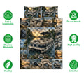 Pontoon boat quilt bedding set shown with matching printed pillowcases and care feature icons