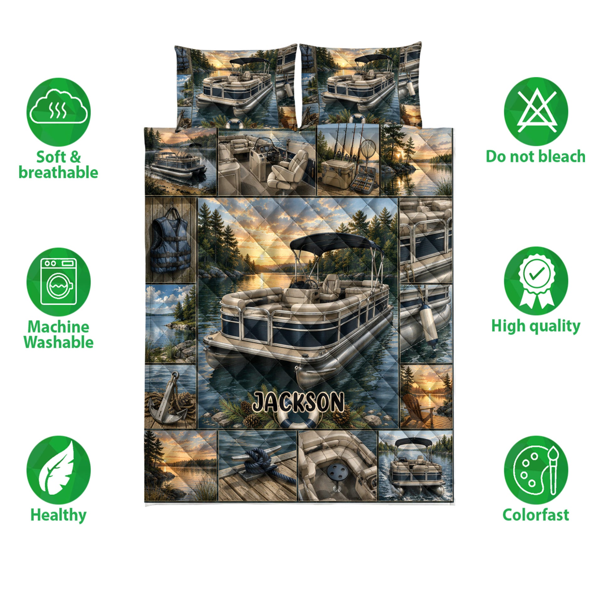 Pontoon boat quilt bedding set shown with matching printed pillowcases and care feature icons
