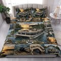 Pontoon boat quilt blanket styled on a bedroom bed with scenic lake, sunset, and boating imagery