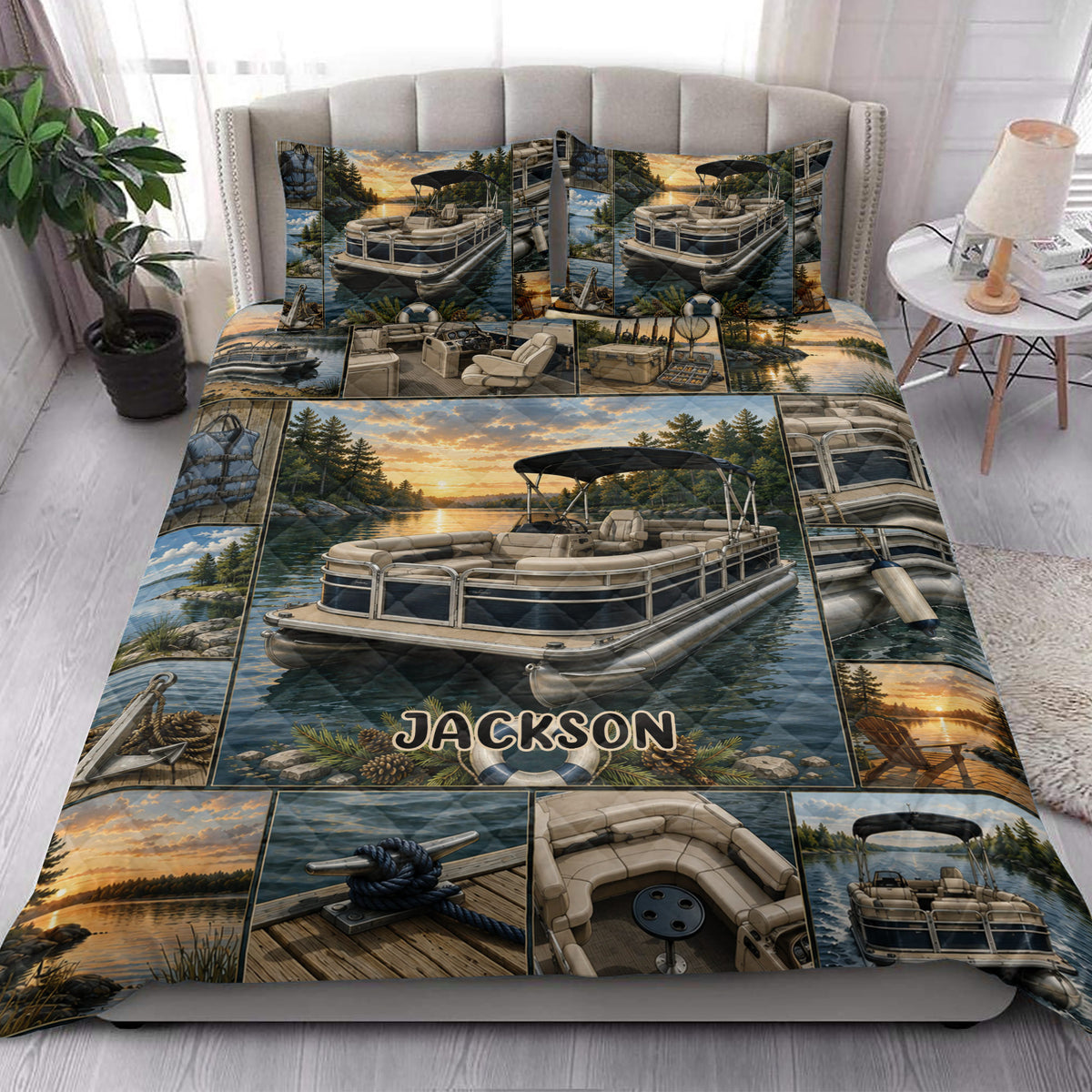 Pontoon boat quilt blanket styled on a bedroom bed with scenic lake, sunset, and boating imagery