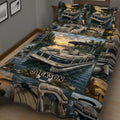 Close view of pontoon boat quilt bedding with lake scenery, fishing details, anchors, and outdoor boating artwork