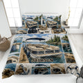 Pontoon boat quilt blanket displayed on a bed with lake, fishing, anchor, and boating artwork
