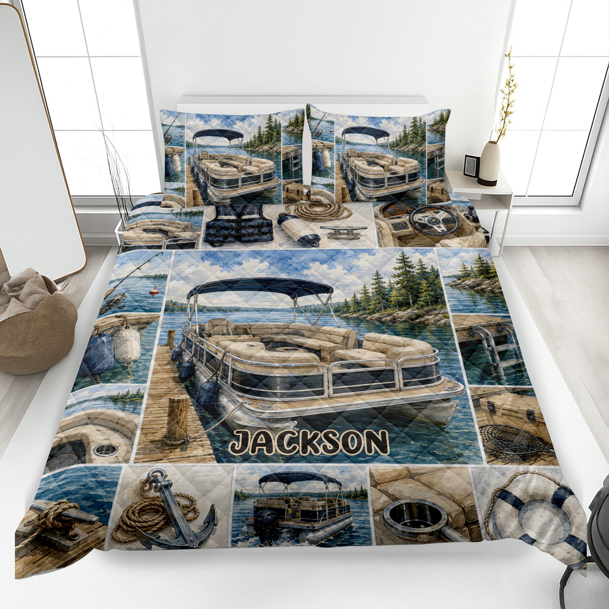Pontoon boat quilt blanket displayed on a bed with lake, fishing, anchor, and boating artwork