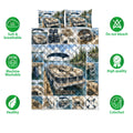 Pontoon boat quilt bedding set shown with lake scenes, life jacket, fishing gear, and boating details