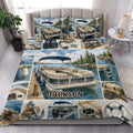 Pontoon boat quilt blanket styled in a bedroom with scenic lake and boating artwork