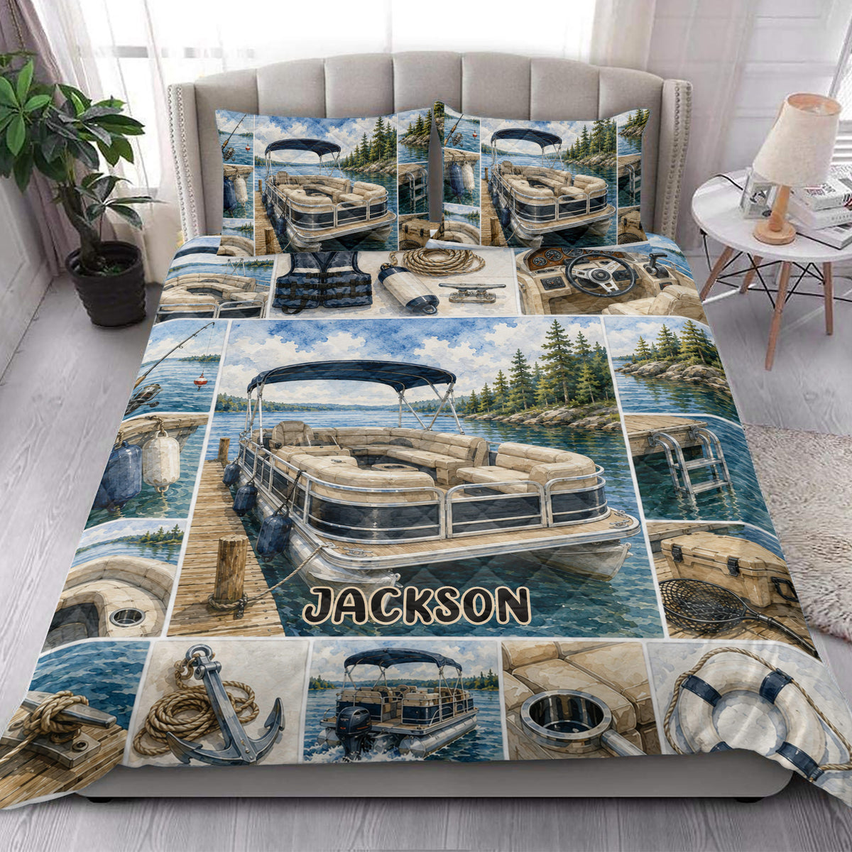 Pontoon boat quilt blanket styled in a bedroom with scenic lake and boating artwork