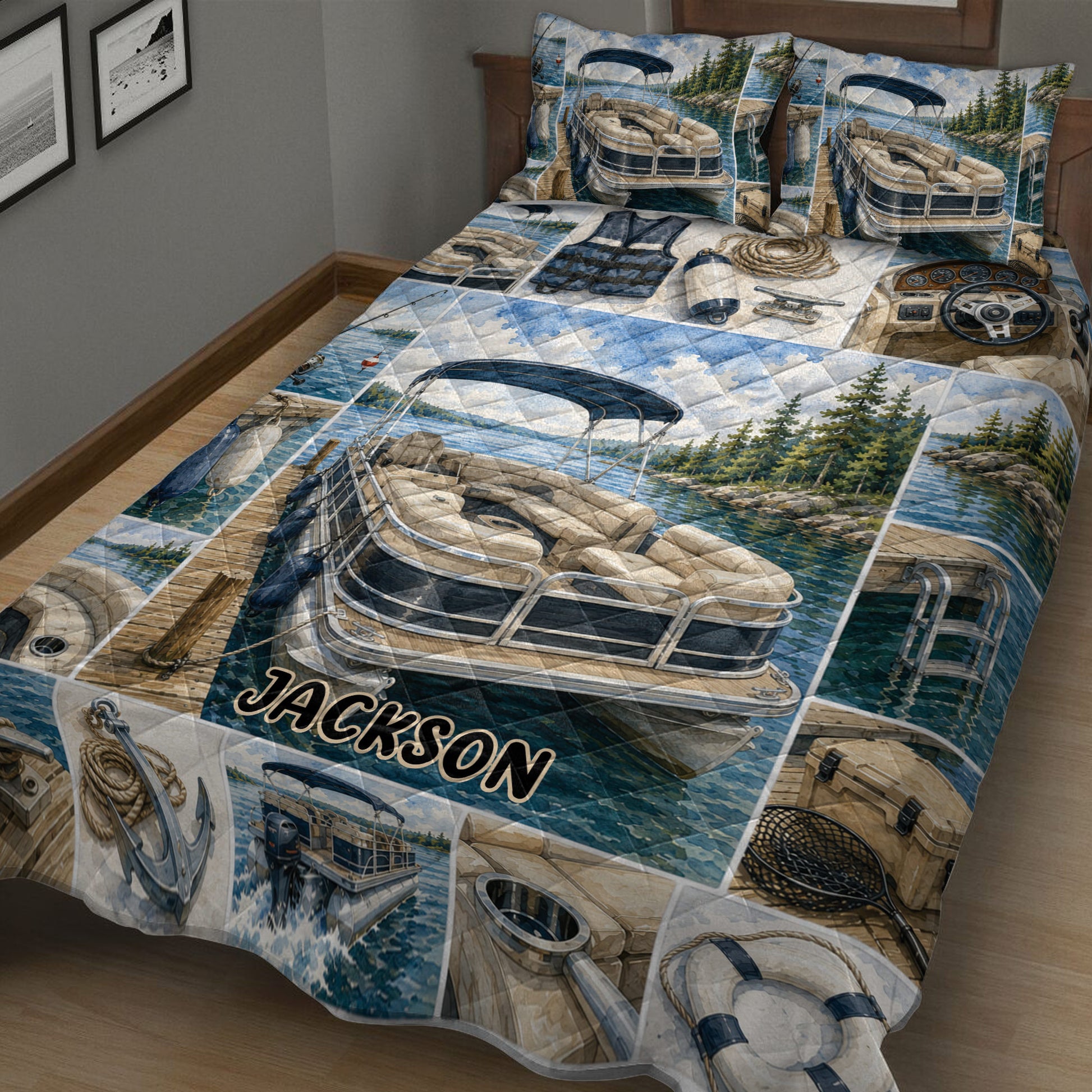 Pontoon boat quilt bedding displayed with fishing, anchor, rope, life ring, and lake imagery