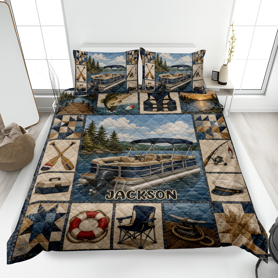 Pontoon boat quilt blanket displayed on a bed with lake, fishing, paddle, life jacket, and cabin-style artwork