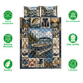 Pontoon boat quilt bedding set shown with lake recreation artwork and product feature icons