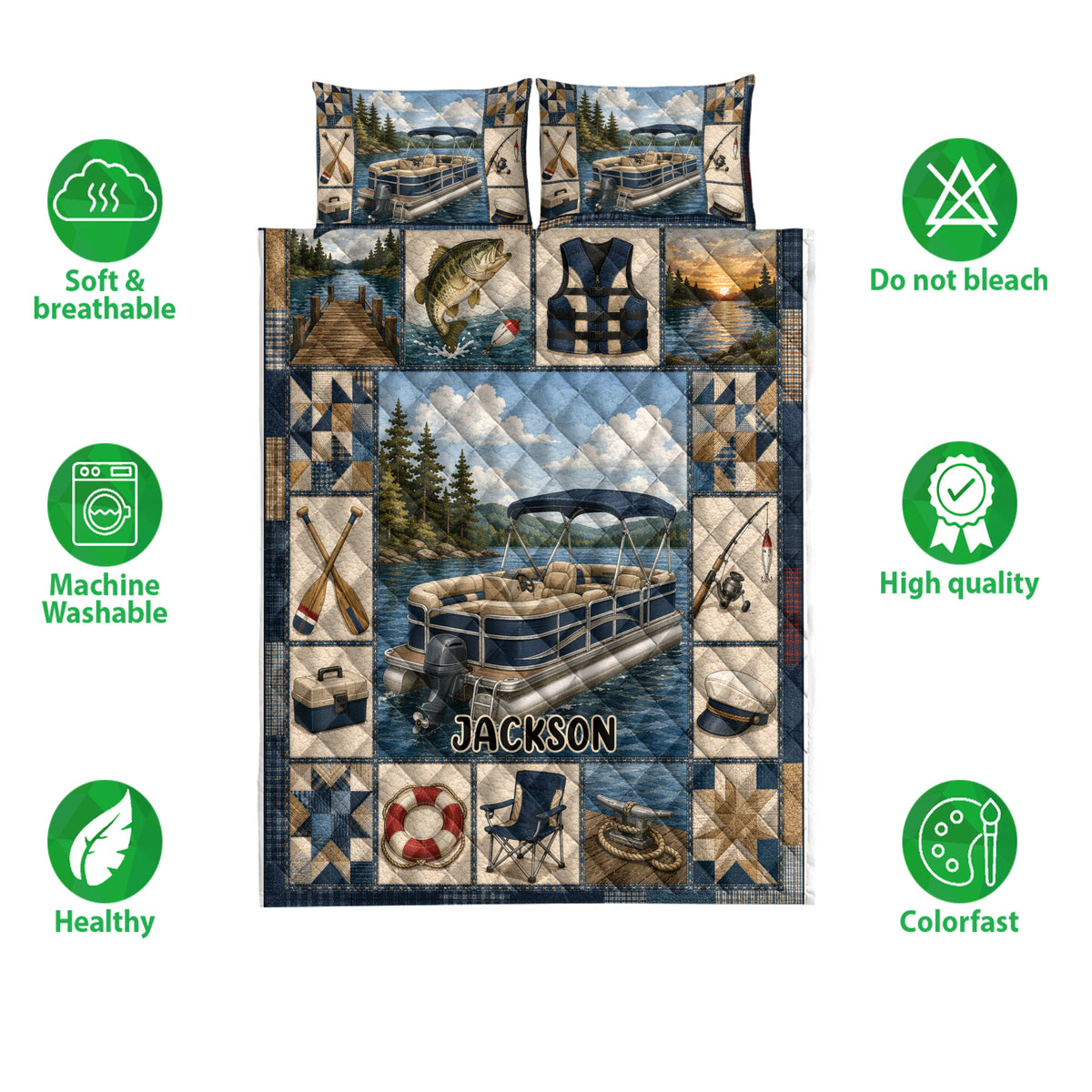 Pontoon boat quilt bedding set shown with lake recreation artwork and product feature icons