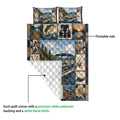 Pontoon quilt blanket close-up showing printed lake artwork and white quilted backing