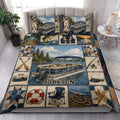 Pontoon boat quilt bedding styled in a bright bedroom with lake and fishing artwork