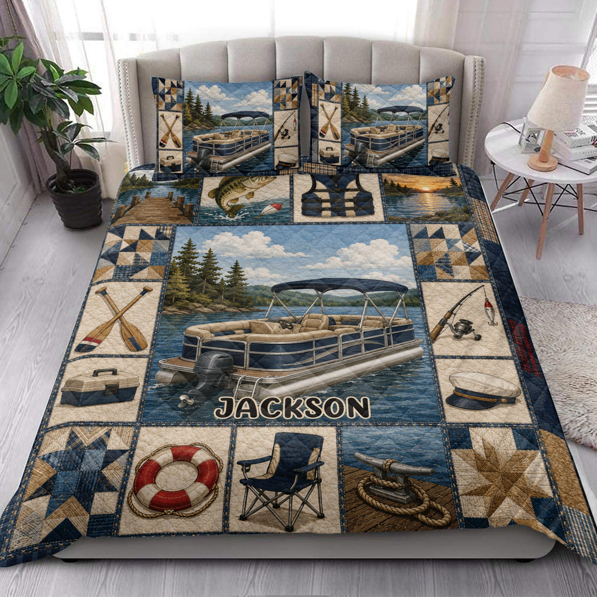 Pontoon boat quilt bedding styled in a bright bedroom with lake and fishing artwork