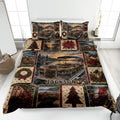 Custom pontoon quilt blanket displayed on a bed with Christmas lake scenes, wreaths, trees, and holiday lights