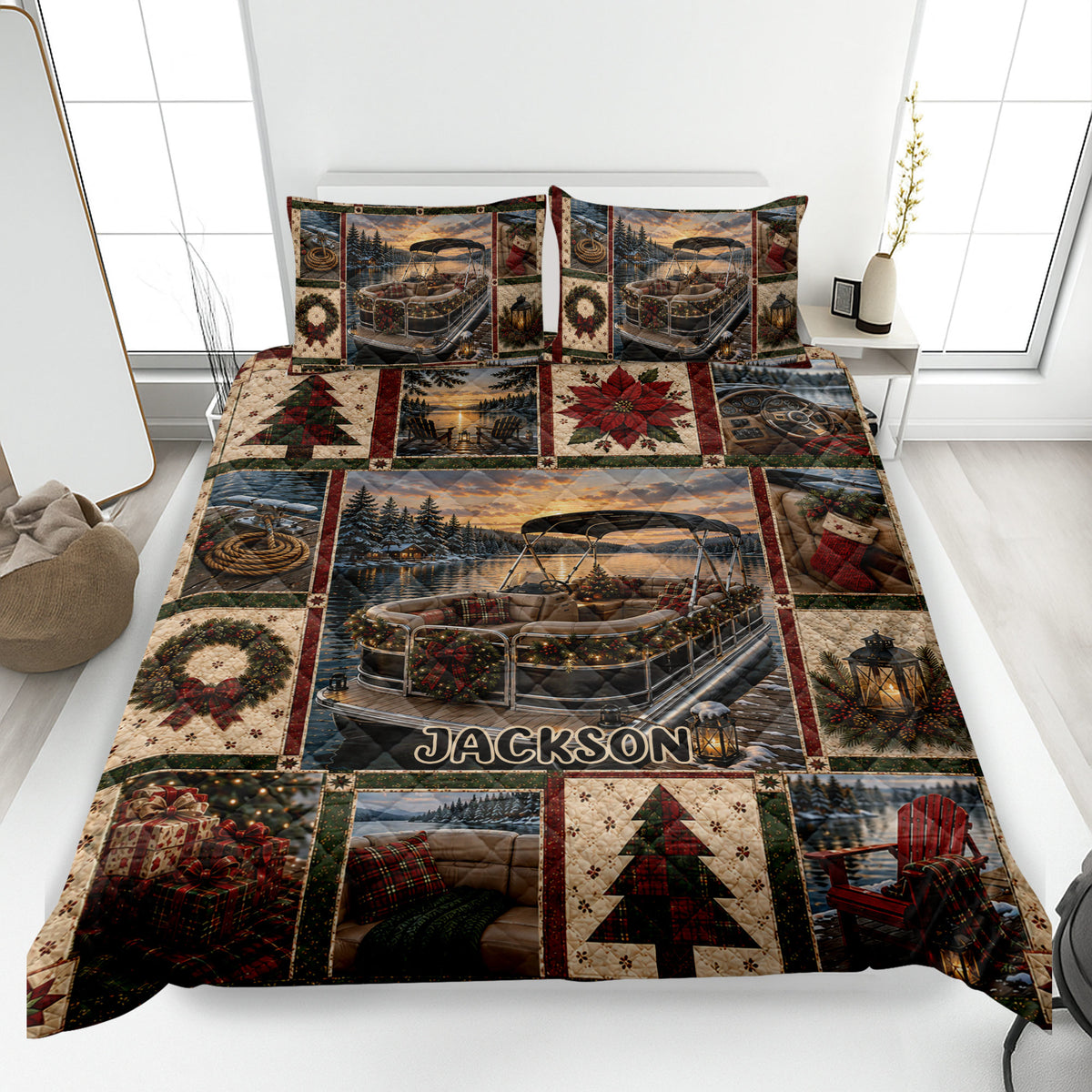 Custom pontoon quilt blanket displayed on a bed with Christmas lake scenes, wreaths, trees, and holiday lights