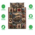 Pontoon quilt bedding set shown with Christmas lake artwork and product feature icons