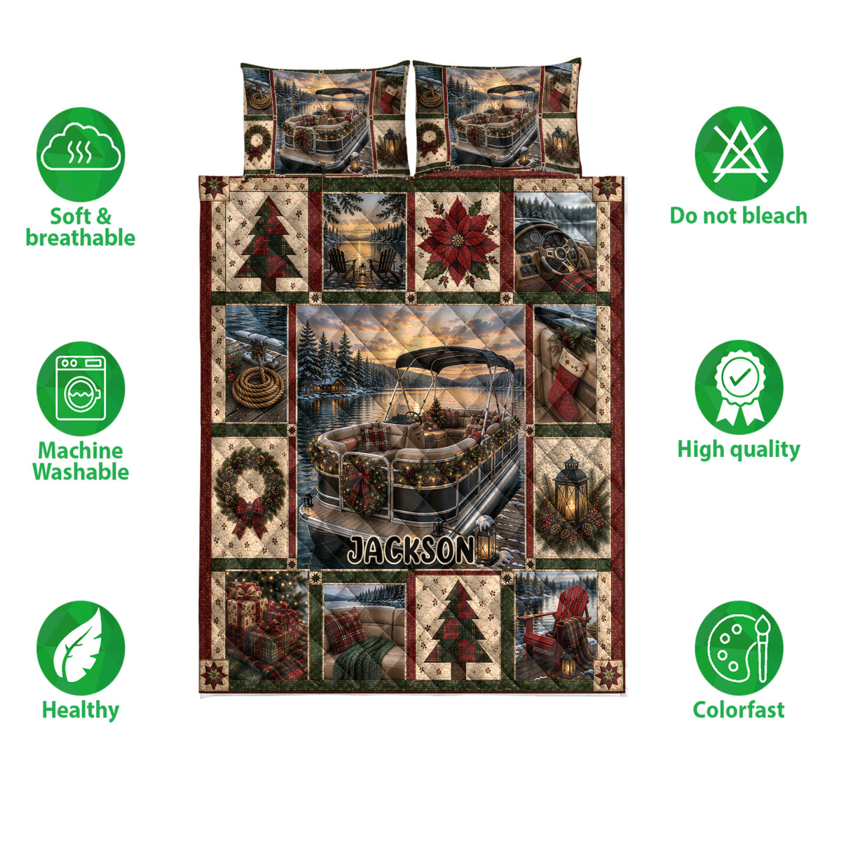 Pontoon quilt bedding set shown with Christmas lake artwork and product feature icons