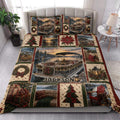Pontoon Christmas quilt blanket styled across a bedroom with matching lake and holiday artwork