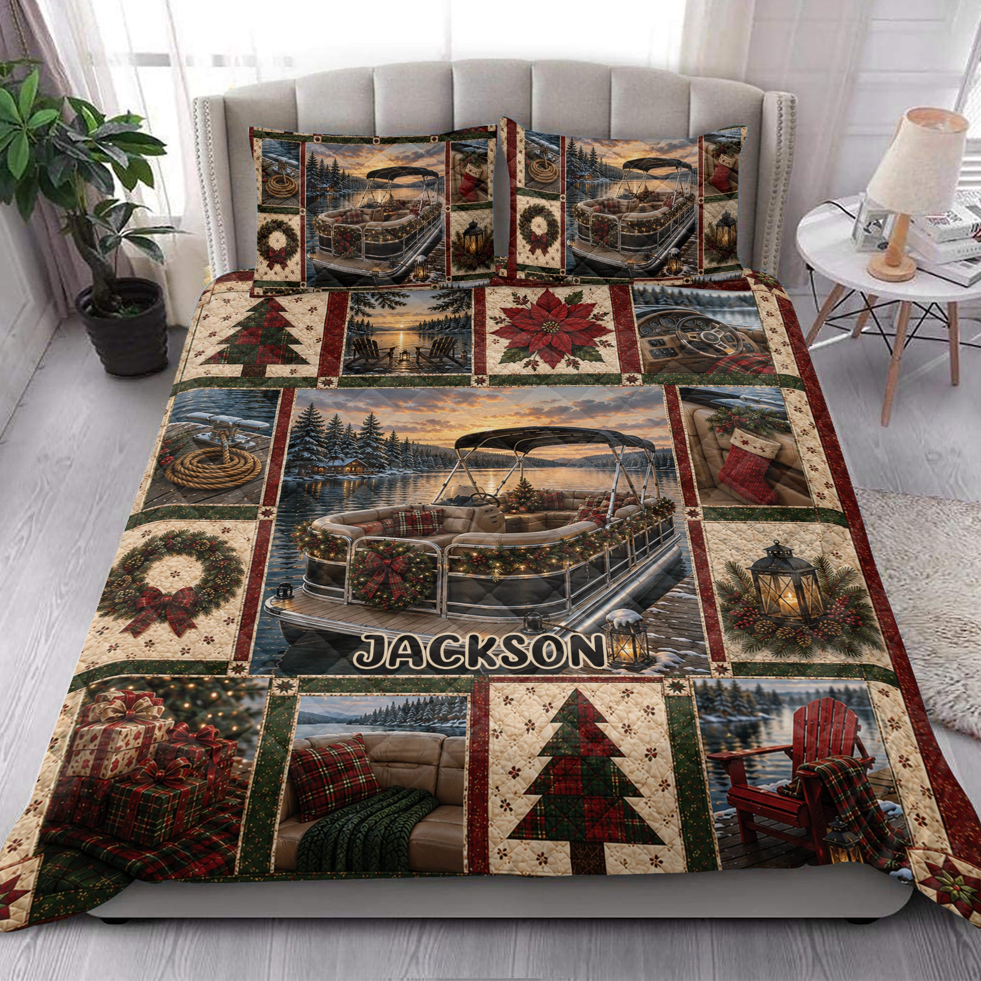 Pontoon Christmas quilt blanket styled across a bedroom with matching lake and holiday artwork