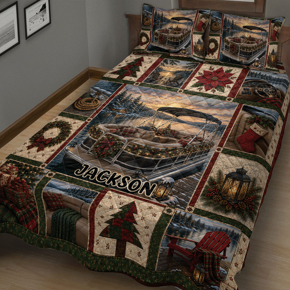 Close-up pontoon quilt blanket with sunset lake scenery, wreaths, holiday lights, and festive boating artwork