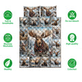 Moose quilt bedding set shown with repeated winter wildlife panels and soft breathable feature icons