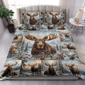 Moose quilt blanket styled in a bright bedroom with snowy forest and mountain artwork