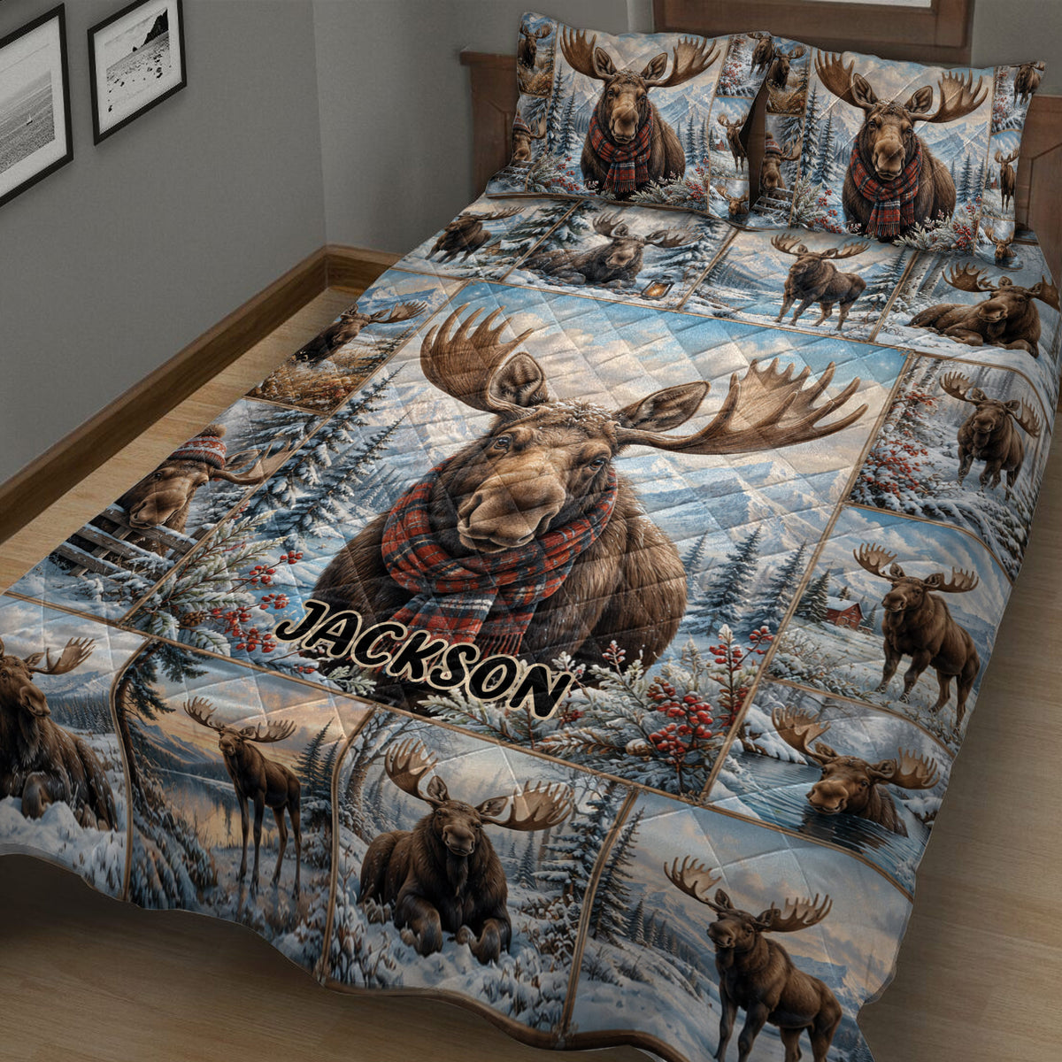 Close view of a moose quilt blanket with scarf-wearing wildlife scenes and snowy woodland details