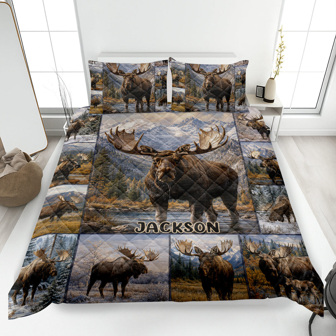 Moose quilt blanket bedding set displayed on a bed with mountain wildlife artwork and optional pillowcase presentation