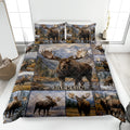 Moose quilt blanket bedding set displayed on a bed with mountain wildlife artwork and optional pillowcase presentation