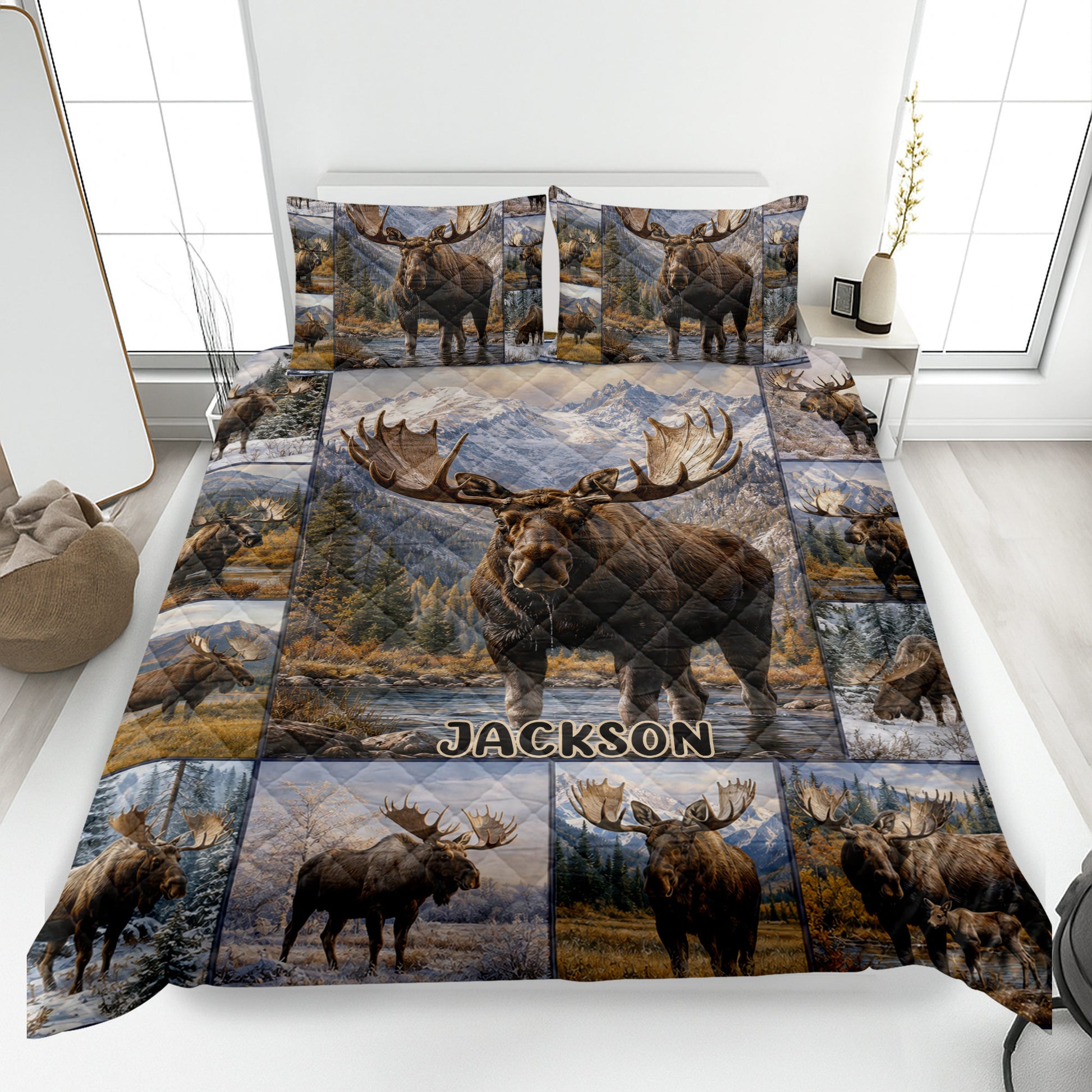 Moose quilt blanket bedding set displayed on a bed with mountain wildlife artwork and optional pillowcase presentation