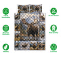 Moose quilt blanket with mountain scenery, wildlife artwork, and product feature icons
