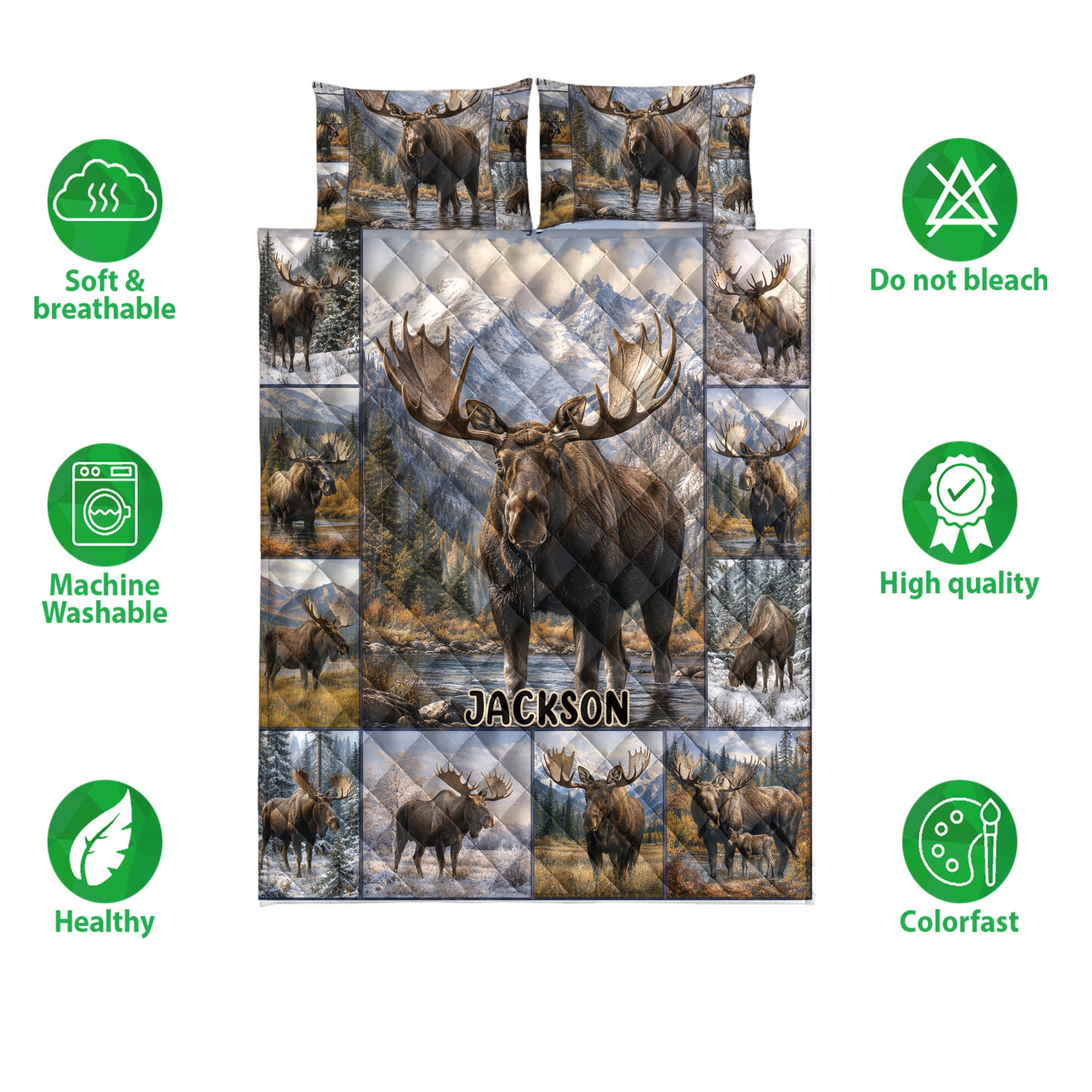 Moose quilt blanket with mountain scenery, wildlife artwork, and product feature icons