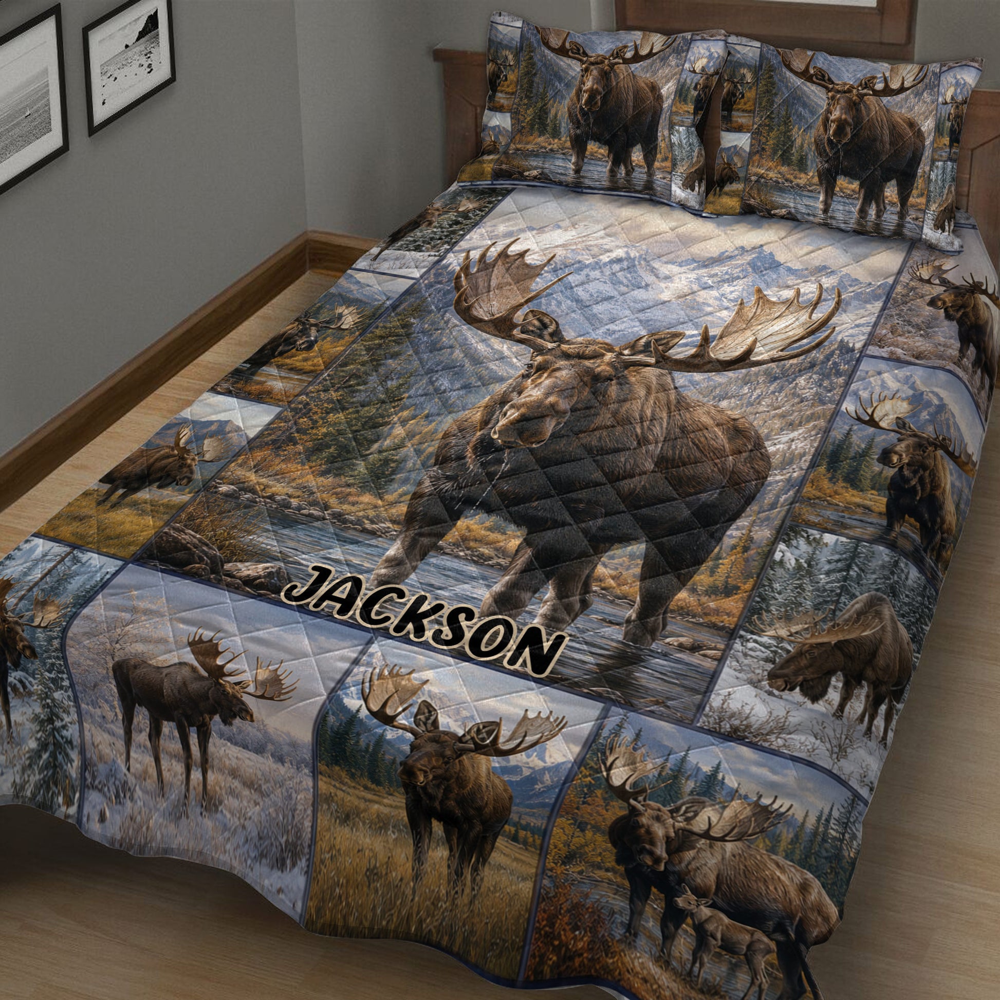 Close view of a moose quilt blanket with rustic mountain scenery and wildlife collage design
