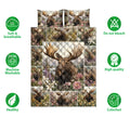 Moose quilt bedding set shown with matching pillowcase options and product feature icons