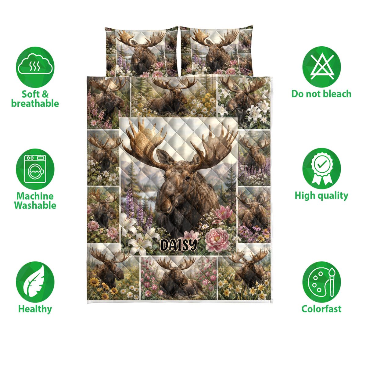 Moose quilt bedding set shown with matching pillowcase options and product feature icons
