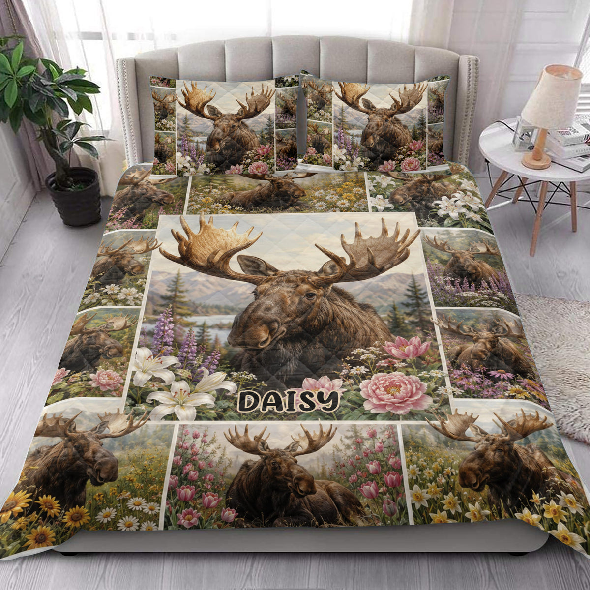 Moose quilt bedding set styled in a bright bedroom with floral forest wildlife artwork