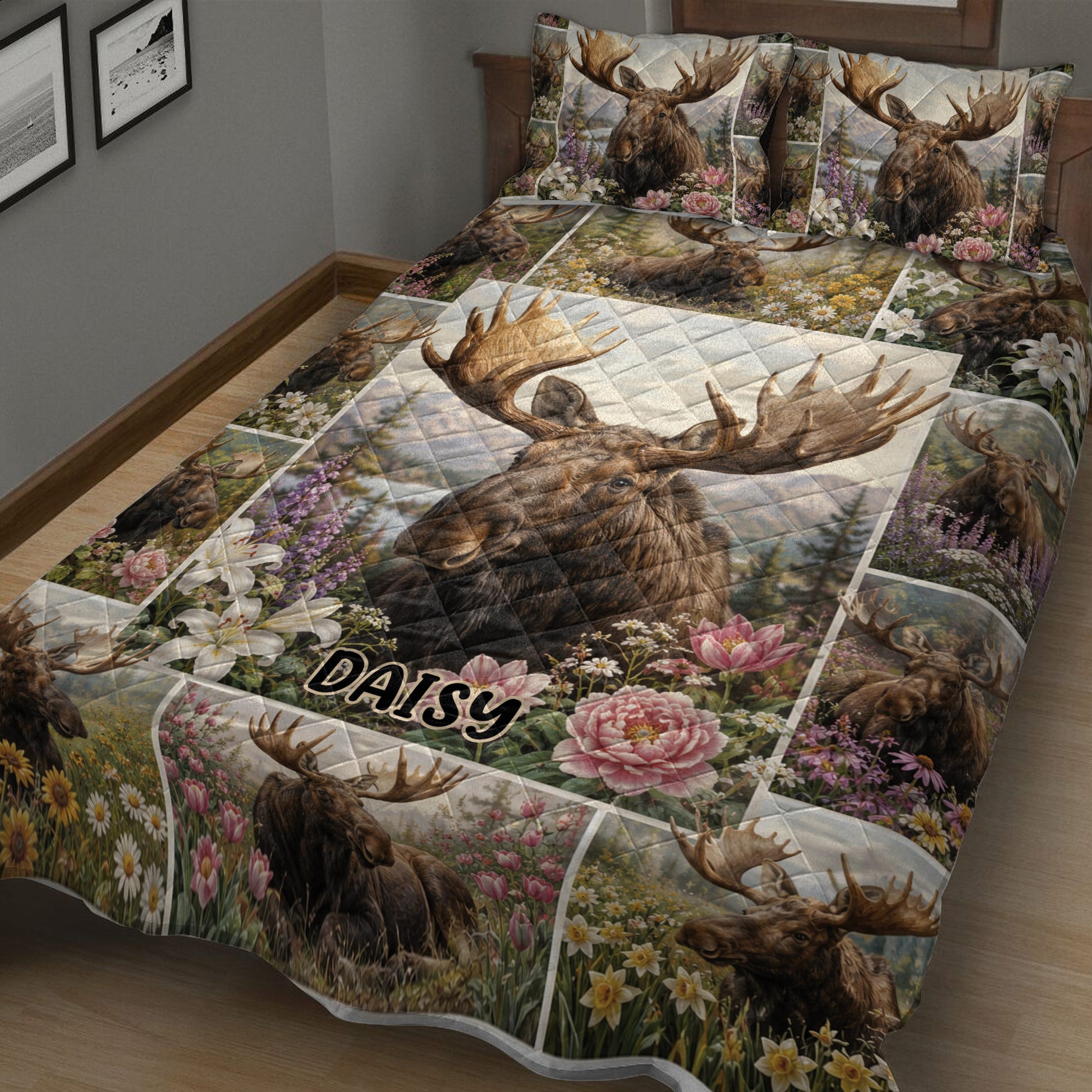 Close view of a moose quilt blanket with wildflowers, scenic panels, and rustic bedroom styling